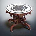 Vintage Side Table With Round Marble Top Sunburst Pattern And Carved Wooden Legs