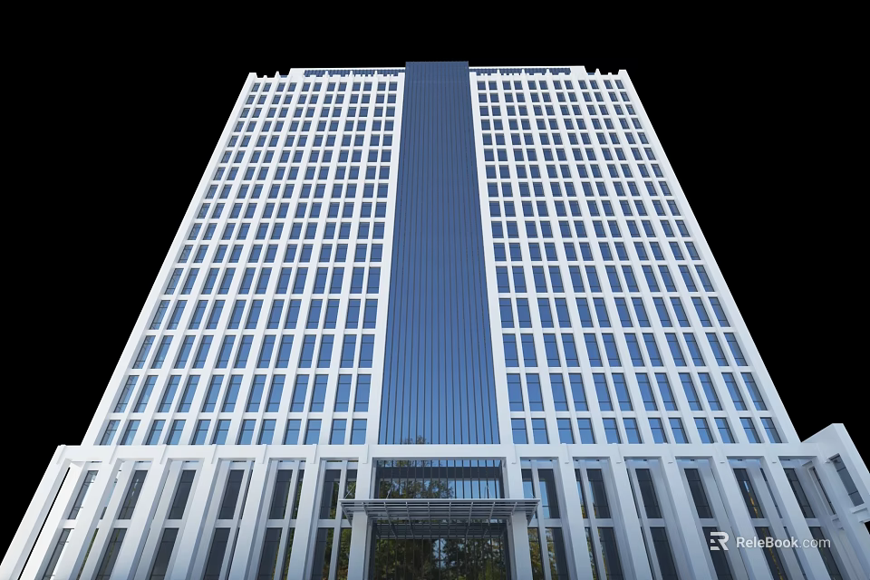 Modern High Rise Office Building With Glass Curtain Wall Large Windows And Entrance Design 3d model 