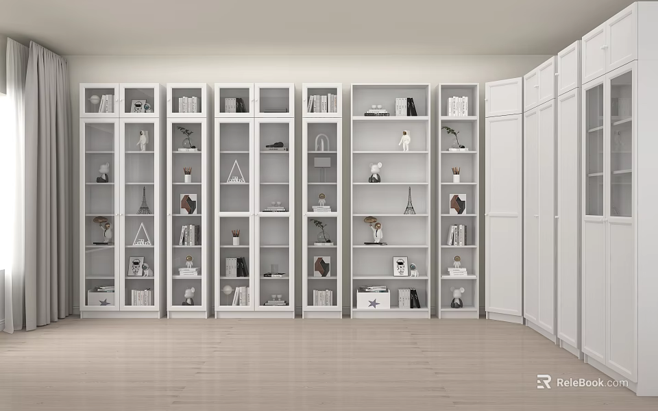 Modern White Bookshelf Interior With Multiple Shelves Books And Decorative Items 3d model 