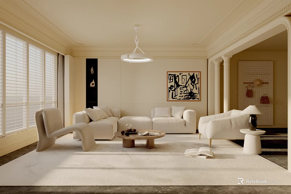 Minimalist Living Room Interior With Cream Sofa Coffee Table And Abstract Art 3d model 