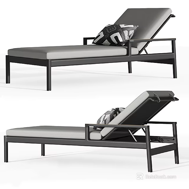 Modern Chaise Lounge With Black Metal Frame Gray Cushion And Patterned Accent Pillow 3d model 