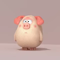 Cute Pink Cartoon Pig With Fluffy Body And Pink Ears On Light Gray Background