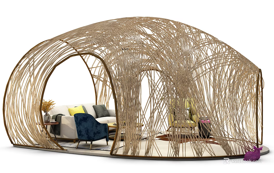 Woven Rattan Structure Interior With Sofa Coffee Table Set And Decorative Cushions 3d model 