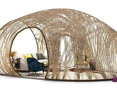 Woven Rattan Structure Interior With Sofa Coffee Table Set And Decorative Cushions 3d model