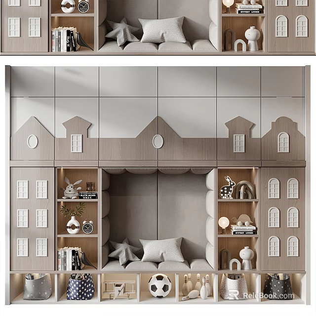 Modern Decorative Cabinet With House Shaped Accents Storage For Books And Decor Items 3d model 