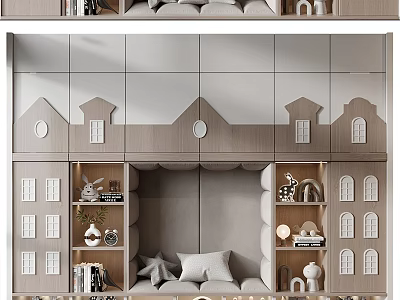 Modern Decorative Cabinet With House Shaped Accents Storage For Books And Decor Items 3d model