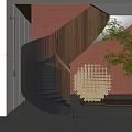Modern Spiral Staircase With Wooden Handrail Against Red Brick Wall Geometric Decor And Green Plant