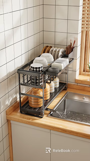 Modern Kitchen Cabinets With Metal Storage Rack Dishes Jars White Tile Wall And Wooden Countertop 3d model 