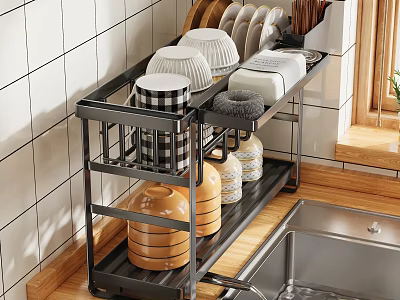 Modern Kitchen Cabinets With Metal Storage Rack Dishes Jars White Tile Wall And Wooden Countertop 3d model