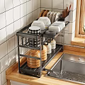 Modern Kitchen Cabinets With Metal Storage Rack Dishes Jars White Tile Wall And Wooden Countertop