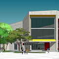 Modern Architectural Complex Featuring Light Colored Facade Red Window Curved Building Glass Curtain Wall Plaza