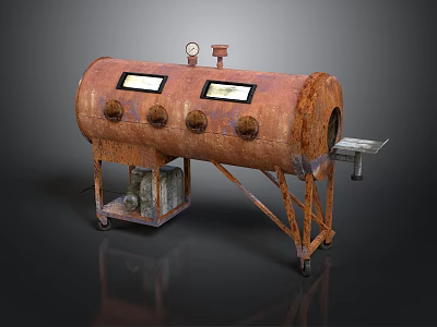 Rusty Industrial Cylinder Equipment With Two Viewing Windows Control Knobs Pressure Gauge And Wheeled Stand 3d model