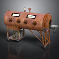 Rusty Industrial Cylinder Equipment With Two Viewing Windows Control Knobs Pressure Gauge And Wheeled Stand