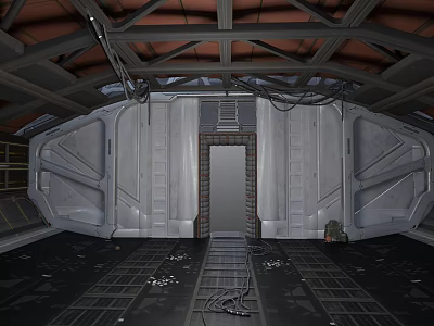 Industrial Sci Fi Interior With Metal Walls Ceiling Black Floor Door And Cables 3d model