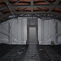 Industrial Sci Fi Interior With Metal Walls Ceiling Black Floor Door And Cables