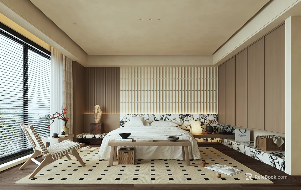 Minimalist Bedroom Interior Design With Wooden Slat Headboard White Bed Linens And Geometric Rug 3d model 