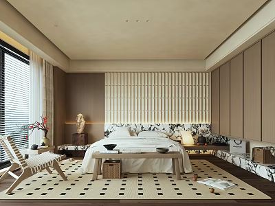 Minimalist Bedroom Interior Design With Wooden Slat Headboard White Bed Linens And Geometric Rug 3d model