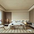 Minimalist Bedroom Interior Design With Wooden Slat Headboard White Bed Linens And Geometric Rug