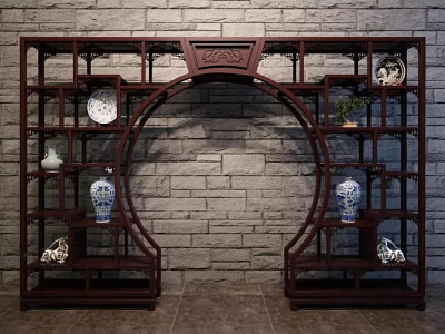 Chinese Antique Curio Shelf With Carvings Plates Vases And Brick Wall Background 3d model