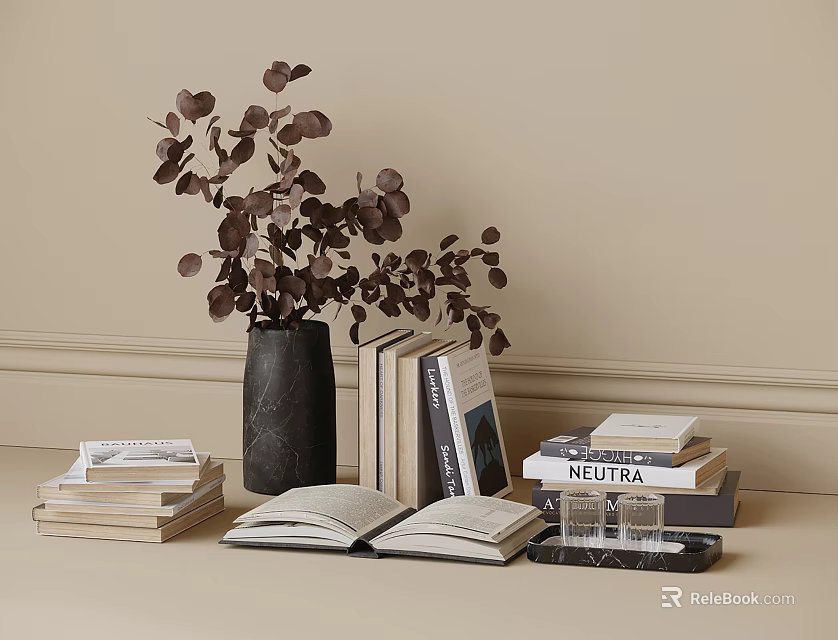 Decorative Ornament Set with Black Vase Brown Leaves Open Book Stacked Books in Minimalist Beige 3d model 