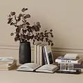 Decorative Ornament Set with Black Vase Brown Leaves Open Book Stacked Books in Minimalist Beige