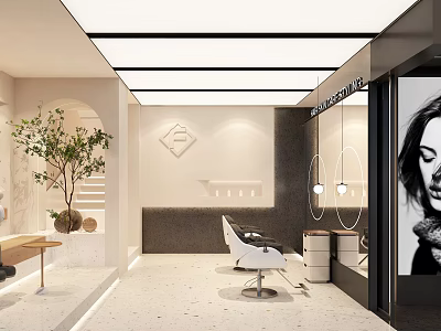 Elegant Modern Hair and Beauty Salon Interior With Styling Chair Mirrors Plants and Lighting 3d model