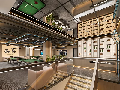 Modern Billiard Room Interior With Multiple Pool Tables Comfortable Seating Stylish Lighting And Decorative Shelves 3d model