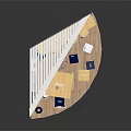 Modern Exhibition Booth Interior with Hanging Lights Wall Decor Display Shelves and Table Chairs