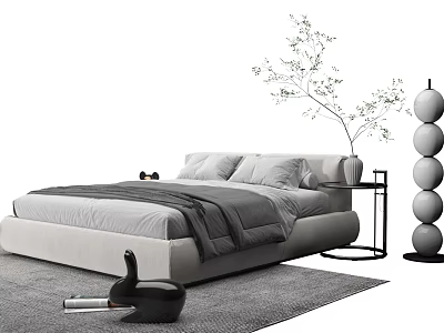 Modern Minimalist Double Bed With Gray Bed Sheets Pillows Bedside Table And Rug 3d model