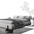Modern Minimalist Double Bed With Gray Bed Sheets Pillows Bedside Table And Rug 3d model