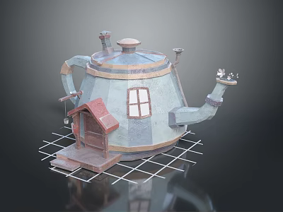 Whimsical Teapot Shaped House Model With Red Roof Small Window Wooden Door And Lantern 3d model