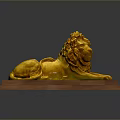 Ornate Golden Lion Statue Lying On Polished Wooden Base Decorative Art Piece