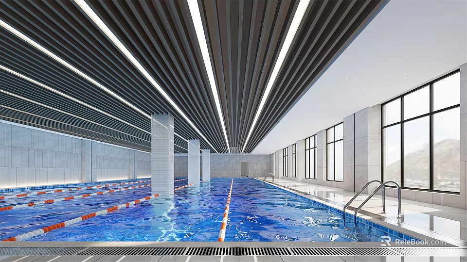 Modern Swimming Pool Interior With Blue Water Lane Dividers Large Windows And Linear Ceiling Lights 3d model 