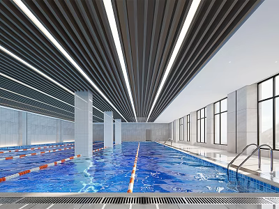 Modern Swimming Pool Interior With Blue Water Lane Dividers Large Windows And Linear Ceiling Lights 3d model