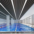 Modern Swimming Pool Interior With Blue Water Lane Dividers Large Windows And Linear Ceiling Lights