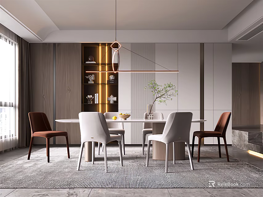 Modern Restaurant Interior With Dining Table Chairs Hanging Lighting Wooden Walls And Area Rug 3d model 