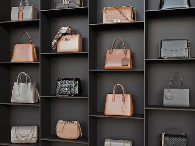 Various Stylish Handbags Displayed On Black Shelves Featuring Brown Black Gray And Quilted Leather Patterns 3d model