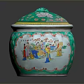 Decorative Ceramic Jar With Green Lid And Colorful Figure Patterns 3d model