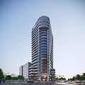 Modern High Rise Office Building With Glass Facade And Urban Street View