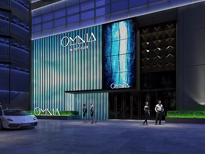 Modern OMNIA Storefront Facade With Glass Curtain Lighting And Urban Entrance Design 3d model