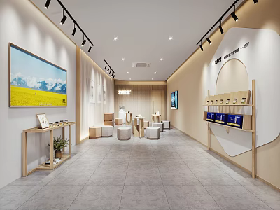 Modern Retail Store Interior With Display Shelves Blue Products Wall Art Seating And Spotlights 3d model