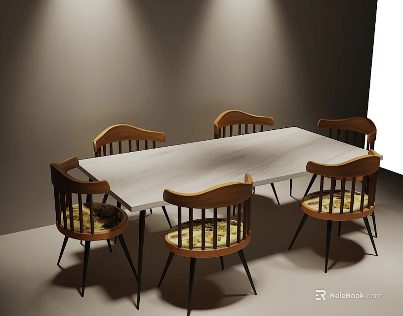 Rectangular Dining Table Set with Wooden Chairs Yellow Cushions and Lighting in Modern Room 3d model 