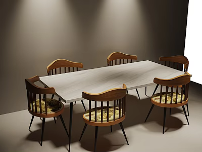 Rectangular Dining Table Set with Wooden Chairs Yellow Cushions and Lighting in Modern Room 3d model