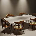 Rectangular Dining Table Set with Wooden Chairs Yellow Cushions and Lighting in Modern Room