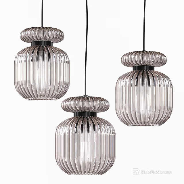 Modern Ribbed Glass Pendant Lights With Rounded Top Design Set Of Three 3d model 