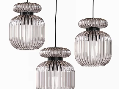 Modern Ribbed Glass Pendant Lights With Rounded Top Design Set Of Three 3d model
