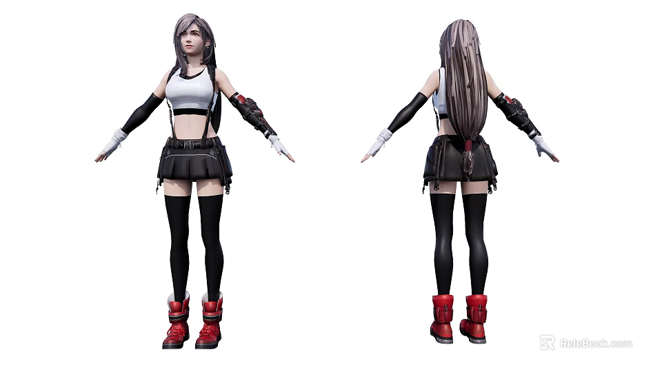 Game And Movie Character With Long Hair White Top Black Skirt And Red Boots 3d model 