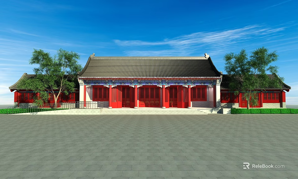 Ancient Architecture Exterior With Red Doors Windows Gray Roof Green Trees And Blue Sky 3d model 
