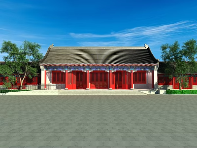 Ancient Architecture Exterior With Red Doors Windows Gray Roof Green Trees And Blue Sky 3d model