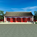 Ancient Architecture Exterior With Red Doors Windows Gray Roof Green Trees And Blue Sky